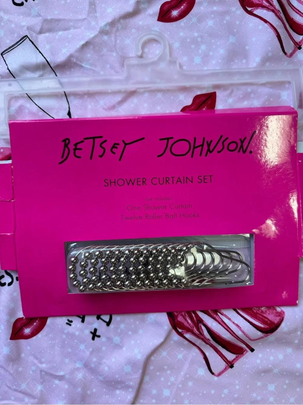 Betsy Johnson Pink Champagne & Heels Shower Curtain & Hooks!